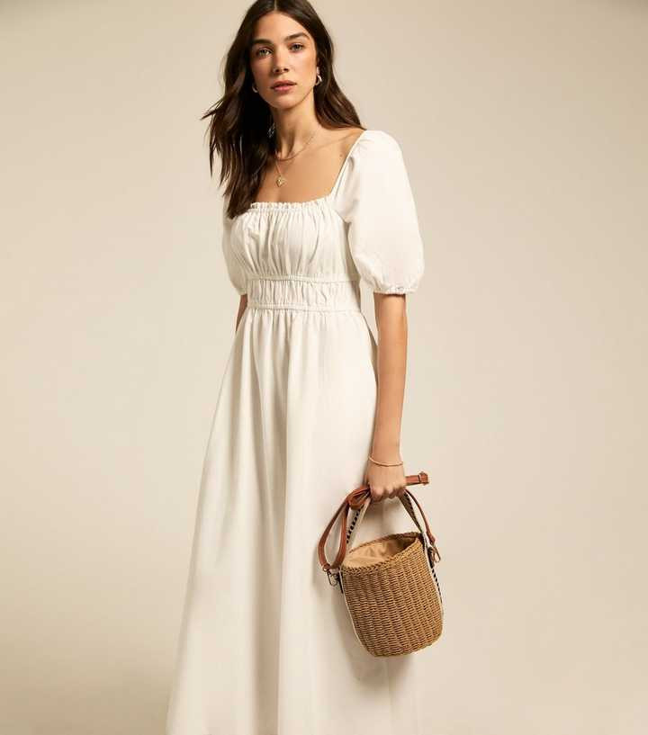 White Linen Blend Puff Sleeve Midi Dress with Smocked Waist White Linen Blend Puff Sleeve Midi Dress with Smocked Waist — Puff Sleeve Dresses