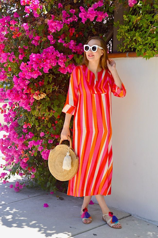 Colorful Striped Maxi Dress with Pom-Pom Sandals Colorful Striped Maxi Dress with Pom-Pom Sandals — Palm Springs Outfits