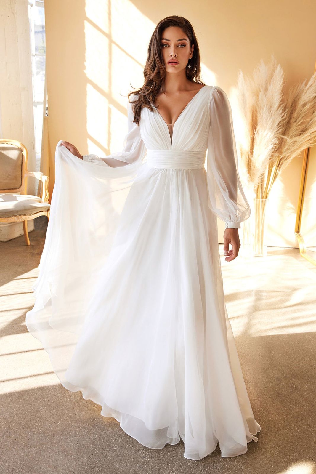 White Chiffon Wedding Dress with Voluminous Sleeves — Chiffon Dresses
