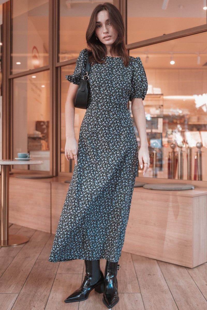White Floral Print Dress with Ruffled Sleeves and Tie Waist — Floral Dresses