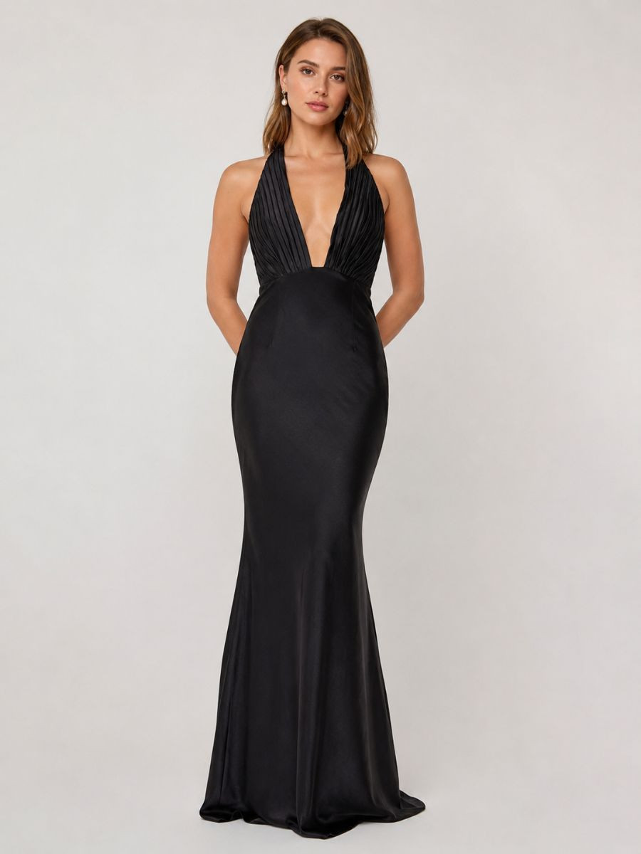 Halter Neck Gown with Plunging Pleated Neckline — Black Tie Dresses