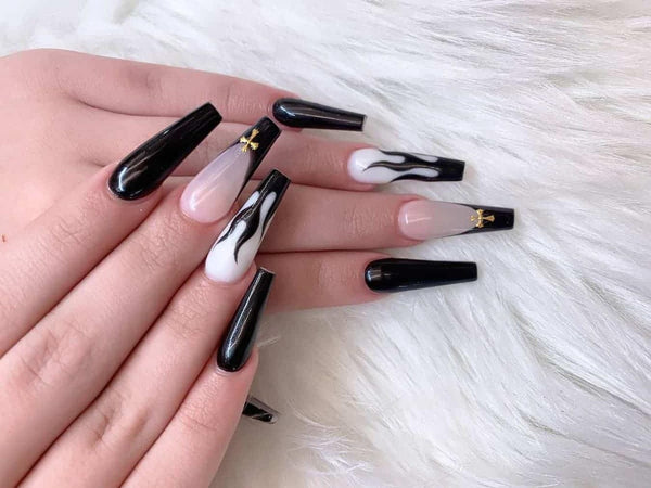 Mixed Black, Flame Art, and Gold Cross Accent Coffin Nails Mixed Black, Flame Art, and Gold Cross Accent Coffin Nails — Long Coffin Nails