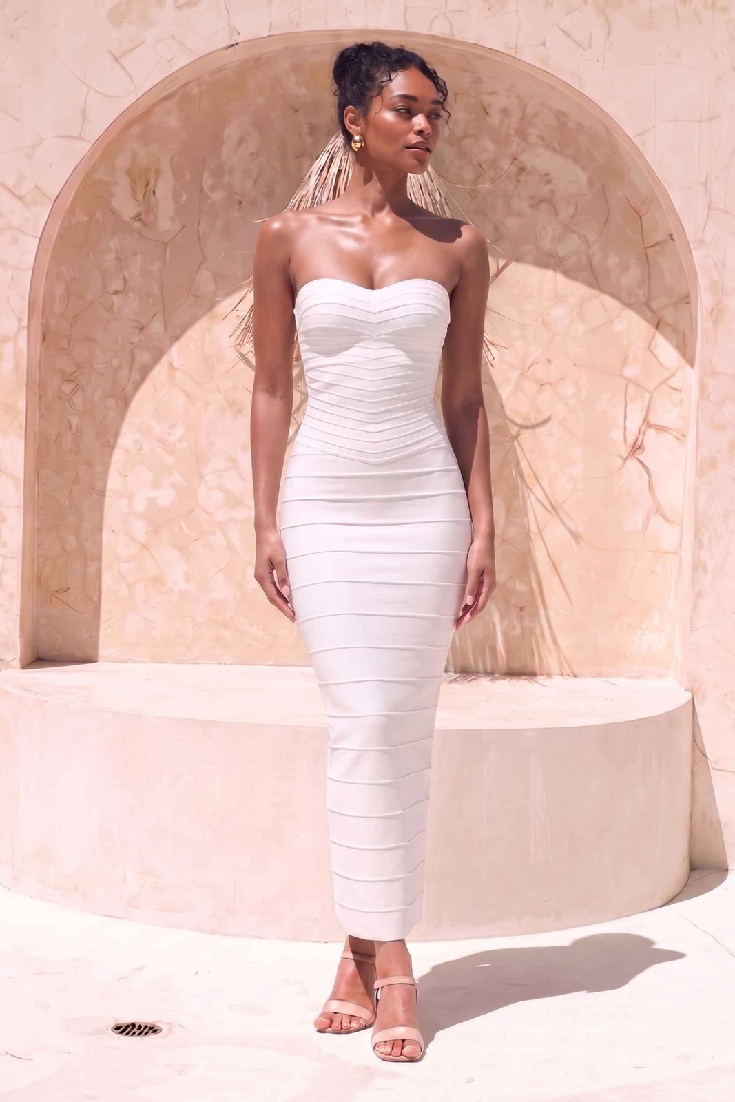 White Bandage Knit Strapless Maxi Dress — Engagement Party Dresses