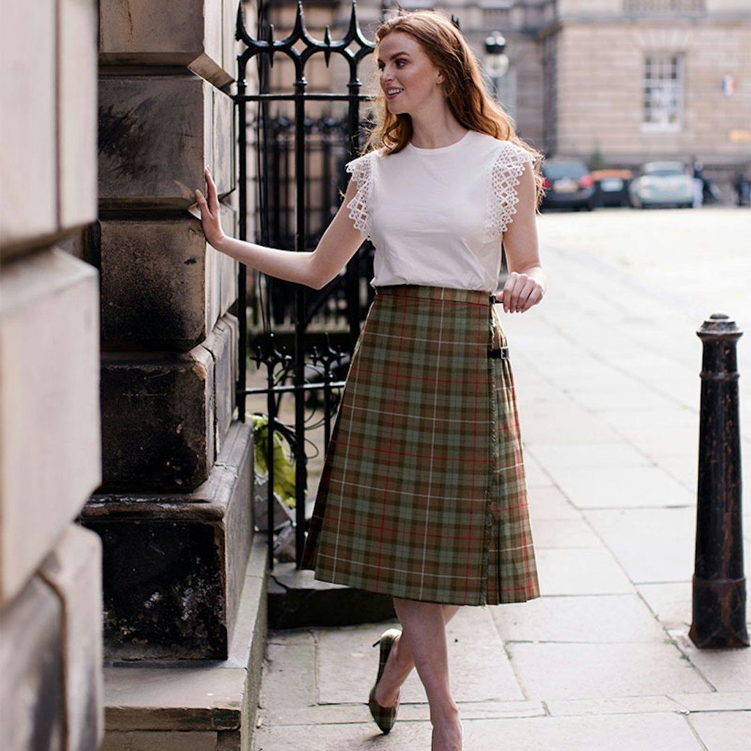 Kilted Plaid Midi Skirt with Lace Top and Gold Heels Kilted Plaid Midi Skirt with Lace Top and Gold Heels — Plaid Skirts