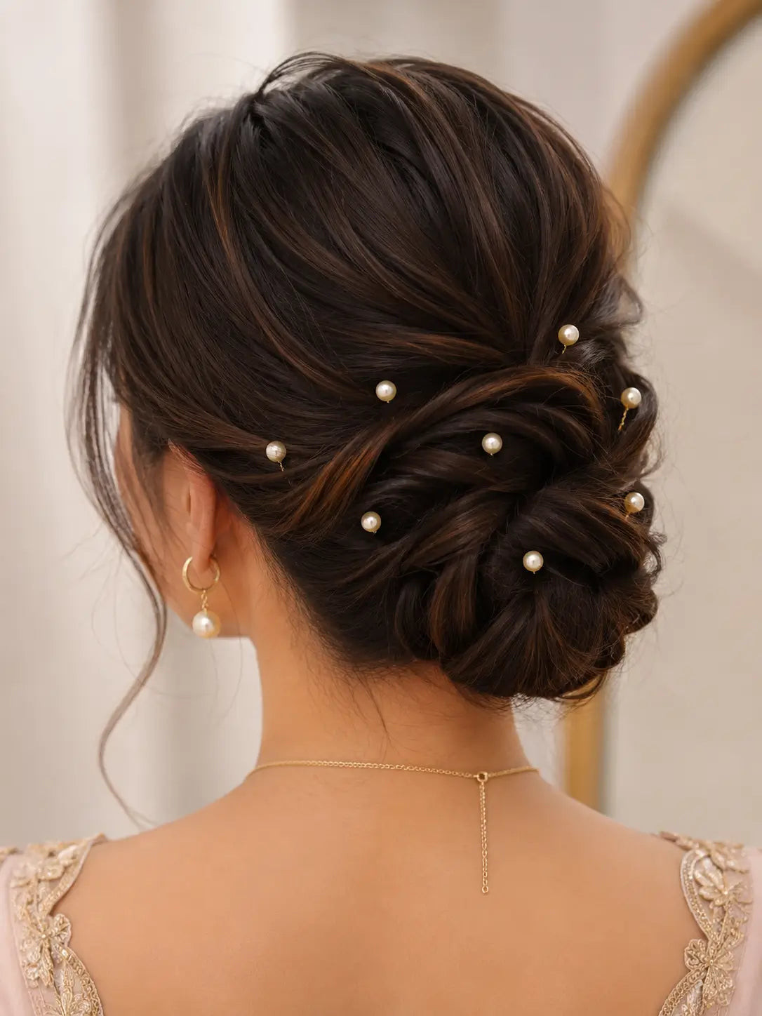 Dark Brown Twisted Bun With Pearl Pins — Bridal Hair Accessories