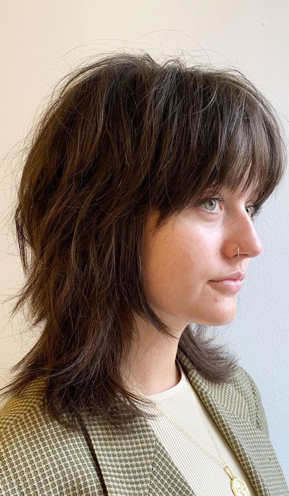 Dark Brown Shag Side View With Wispy Bangs Dark Brown Shag Side View With Wispy Bangs — Shag Haircut