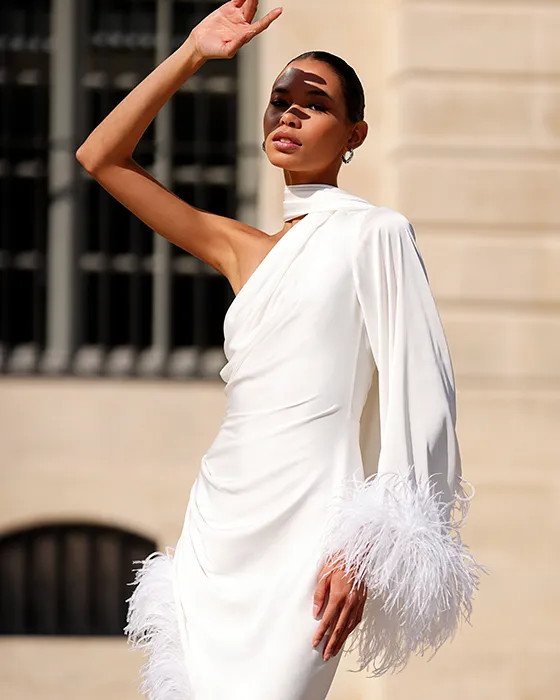 White One-Shoulder Satin Dress with Feather Trim — Engagement Photo Dresses