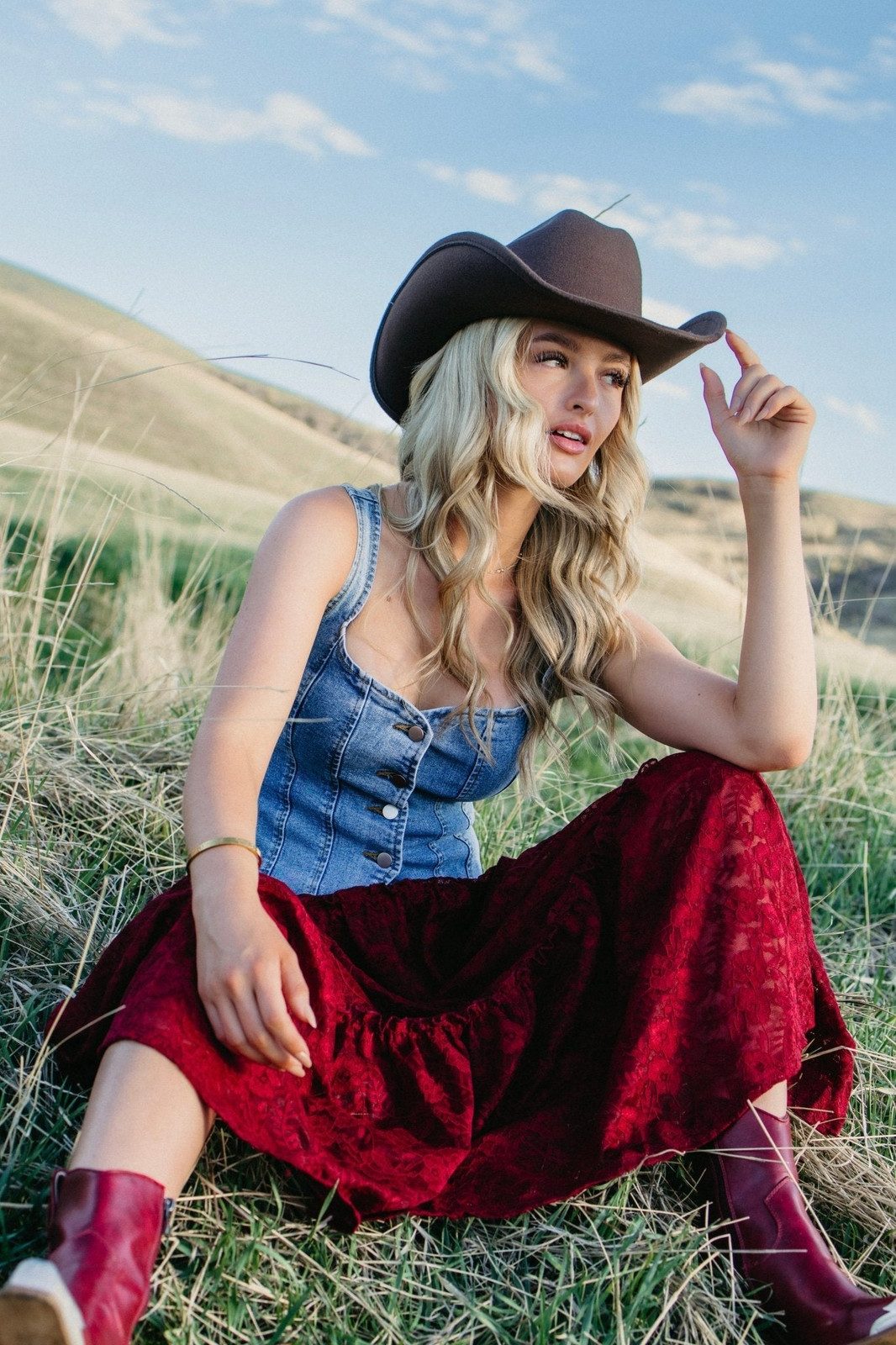 Denim Corset and Lace Skirt with Cowboy Hat — Cowboy Hat Outfits