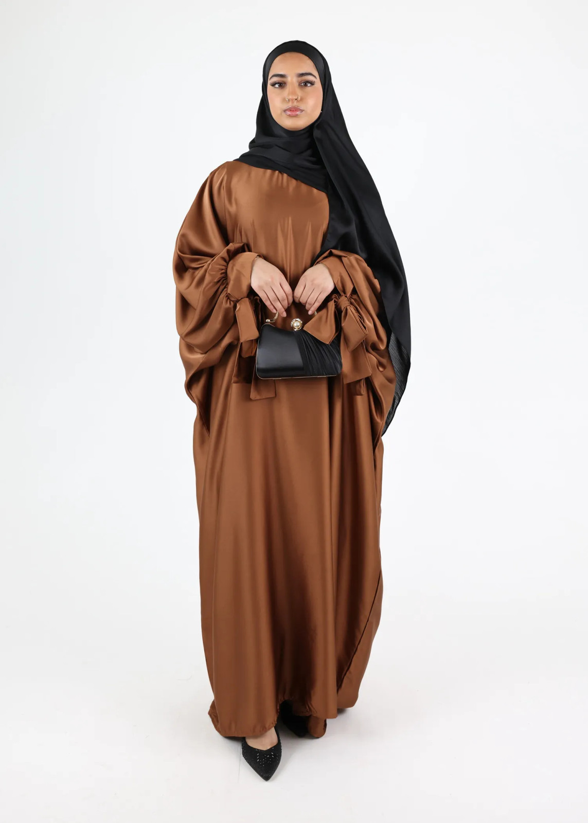 Brown Satin Abaya with Balloon Sleeves for Evening Elegance — Abaya Outfits