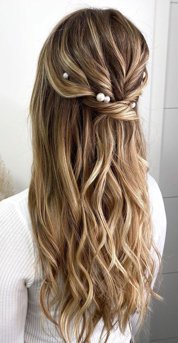 Ash Blonde Half-Up with Pearls — Wedding Hairstyles for Long Hair