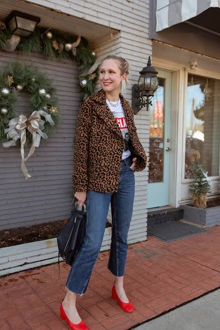Band Tee with Leopard Jacket and Red Heels — Band Tee Outfits