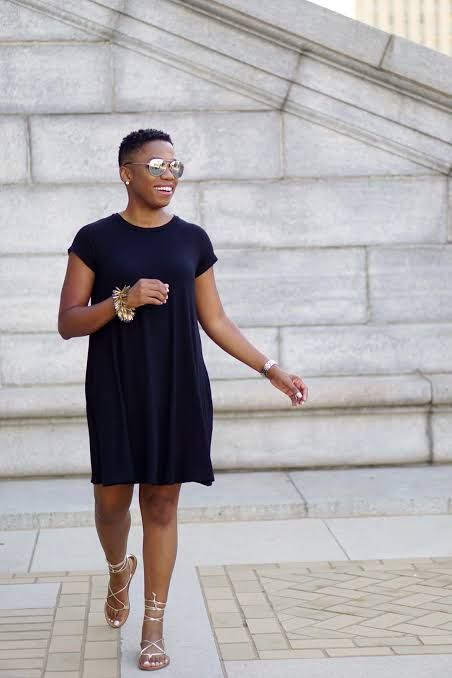 A-Line Black Tee Dress with Strappy Sandals A-Line Black Tee Dress with Strappy Sandals — T Shirt Dress Outfits