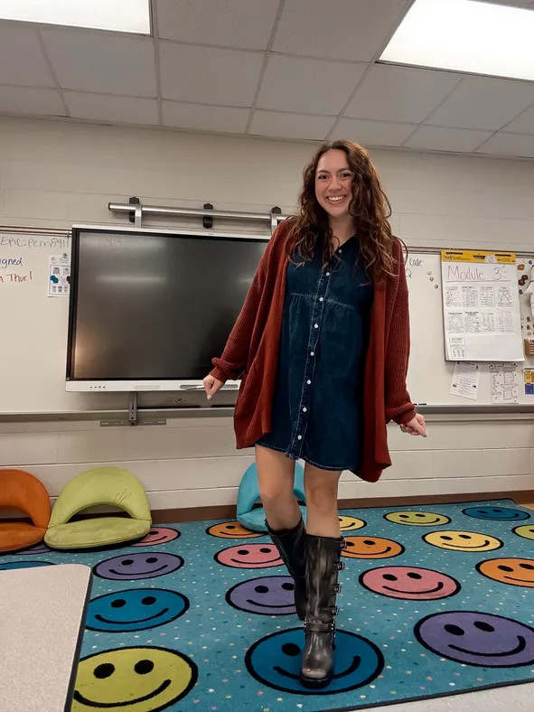 Denim A-Line Dress with Rust Cardigan and Tall Boots — Student Teacher Outfits