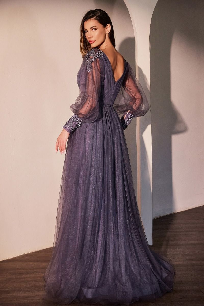 Deep Purple Tulle A-Line Dress with Embellished Puff Sleeves Deep Purple Tulle A-Line Dress with Embellished Puff Sleeves — Mother of the Groom Dresses