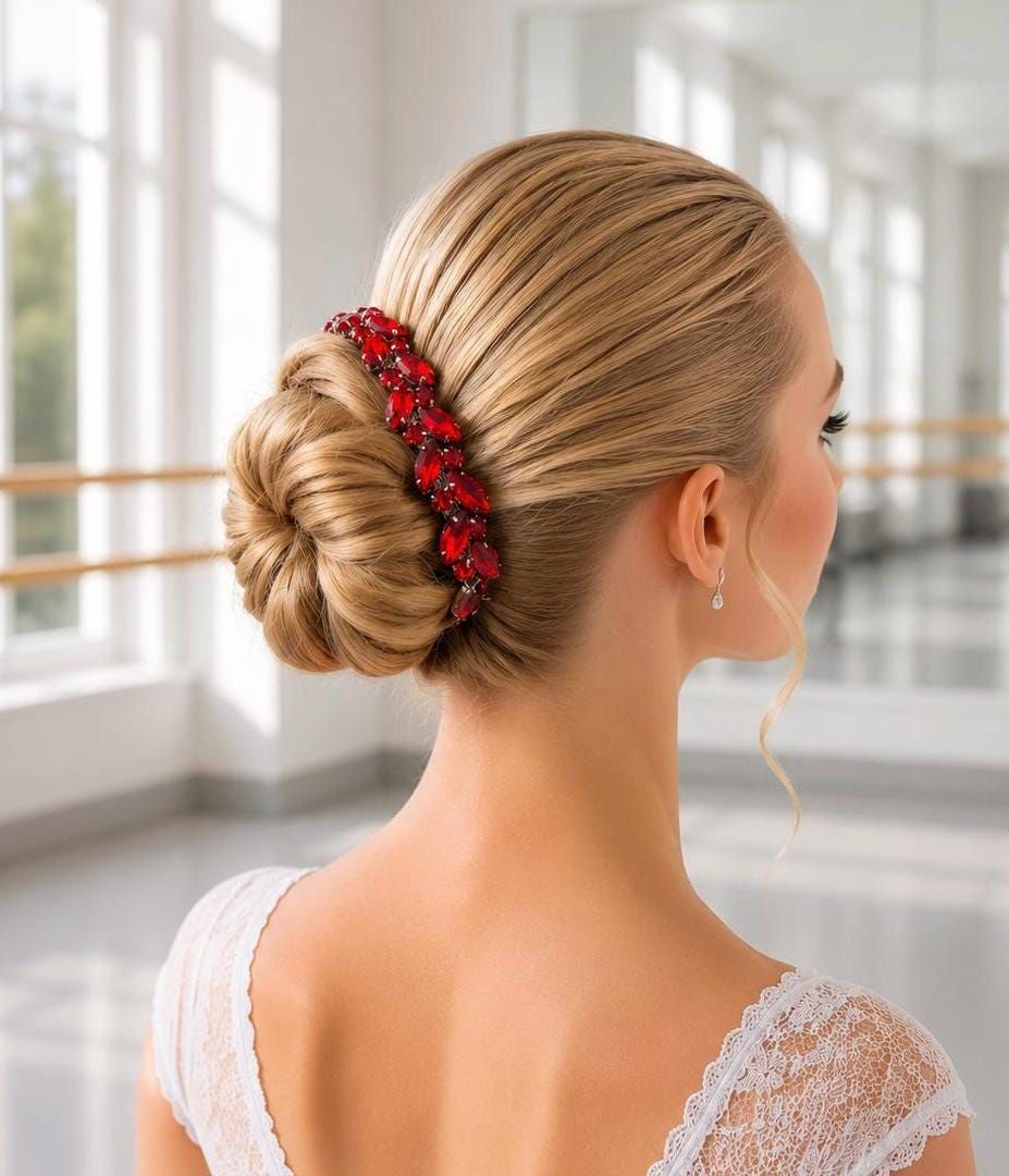 Blonde Updo With Red Jeweled Accessory — Dance Recital Hairstyles