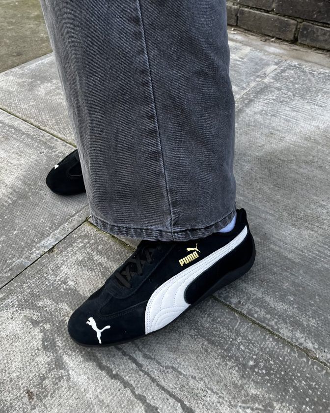 Denim Focus: Wide-Leg Jeans and Black Speedcats Denim Focus: Wide-Leg Jeans and Black Speedcats — Puma Speedcat Outfits