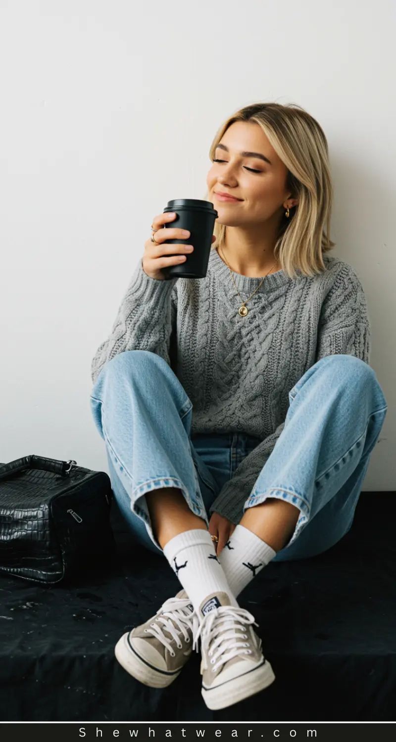 Grey Cable-Knit Sweater and Wide-Leg Jeans for a Relaxed Date Grey Cable-Knit Sweater and Wide-Leg Jeans for a Relaxed Date — Coffee Date Outfits