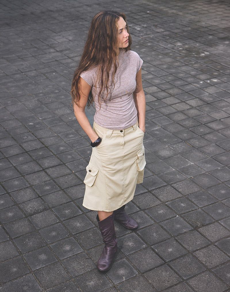 Beige Cargo Midi Skirt with Pink Top and Purple Boots — Cargo Skirt Outfits