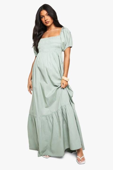 Sage Green Maxi Dress with Puff Sleeves and Smocked Bodice for a Casual Baby Shower Sage Green Maxi Dress with Puff Sleeves and Smocked Bodice for a Casual Baby Shower — Baby Shower Dresses