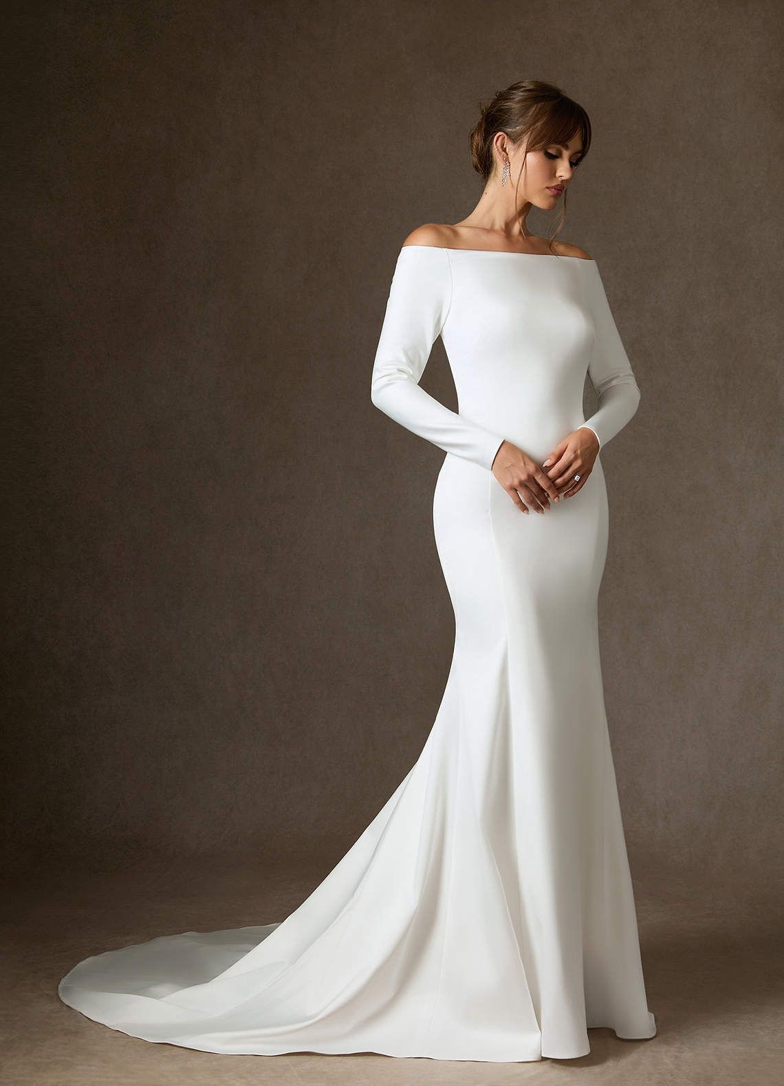 White Long-Sleeved Off-the-Shoulder Mermaid Dress in Satin White Long-Sleeved Off-the-Shoulder Mermaid Dress in Satin — Mermaid Dresses