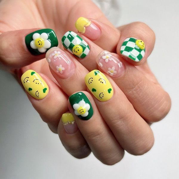 Mixed Art Short Oval and Square Nails — Smiley Face Nails