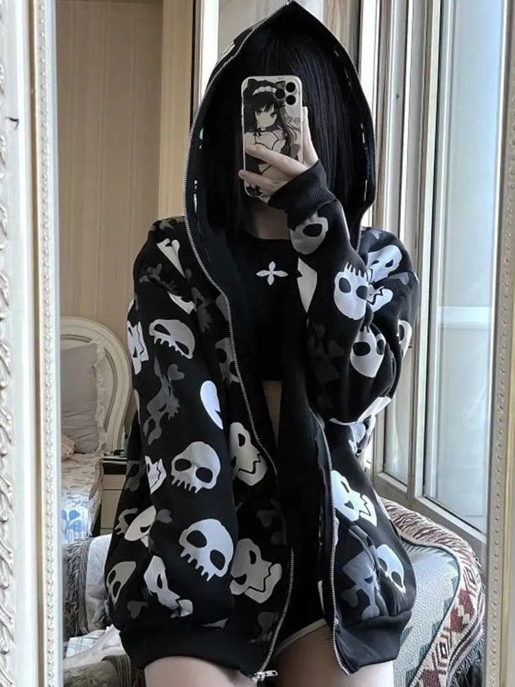 Skull Print Hoodie for an Edgy Cyber Y2K Statement — Cyber Y2K Outfits