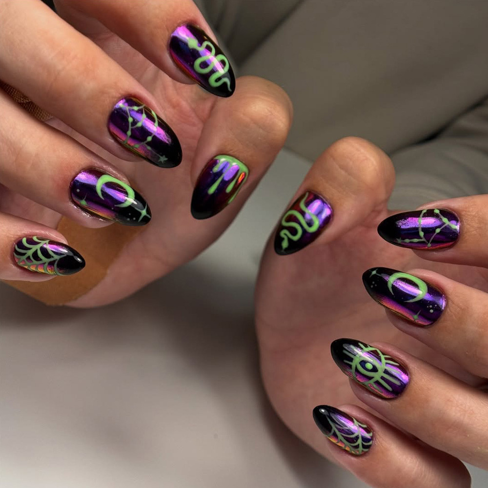 Purple Chrome Neon Green Halloween Purple Chrome Neon Green Halloween — Glow in the Dark Nails