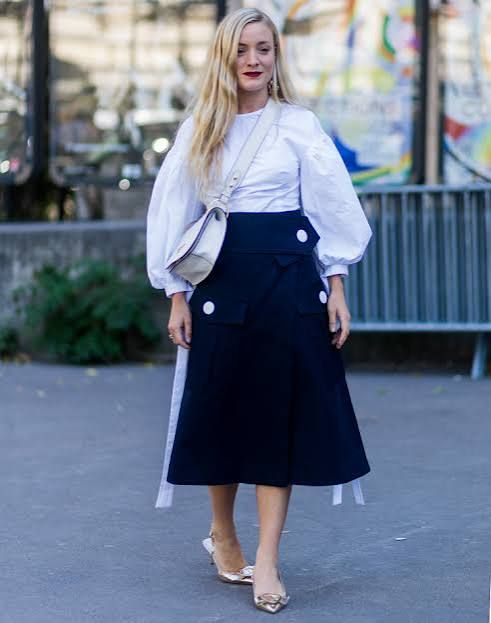 Navy A-Line Midi Skirt with Voluminous White Blouse Navy A-Line Midi Skirt with Voluminous White Blouse — A Line Skirt Outfits