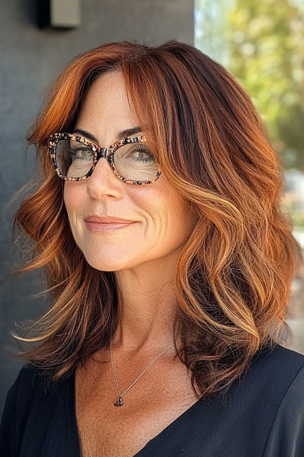 Medium Layered Cut With Auburn Highlights Medium Layered Cut With Auburn Highlights — Haircuts for Women Over 60 with Glasses