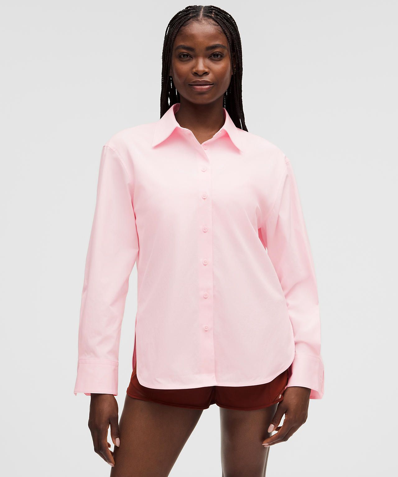 Soft Pink Relaxed-Fit Woven Button-Up — Button Up Shirts