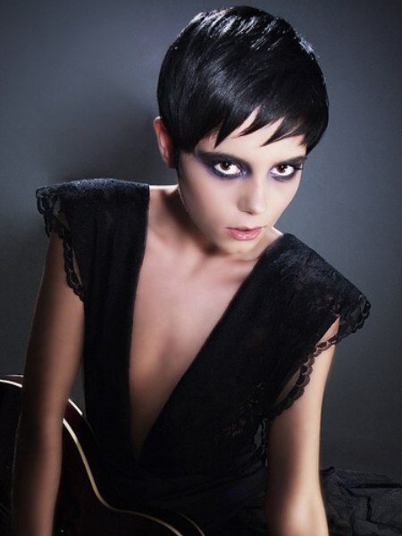 Sharp Black Pixie With Swept Bangs Sharp Black Pixie With Swept Bangs — Goth Hairstyles