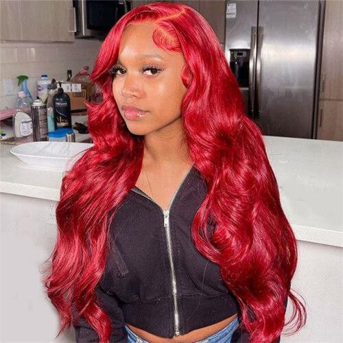 Vibrant Red Mid-Back Waves With Side Bangs — Colored Wig Styles