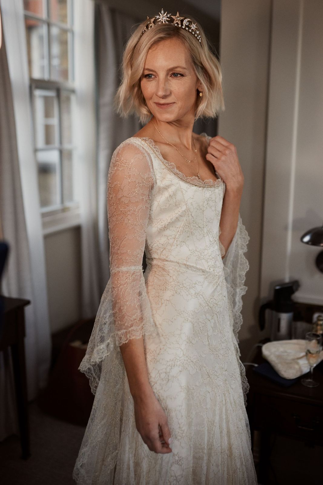 Ash Blonde Bob With Blunt Bangs and Tiara — Wedding Hairstyles for Short Hair