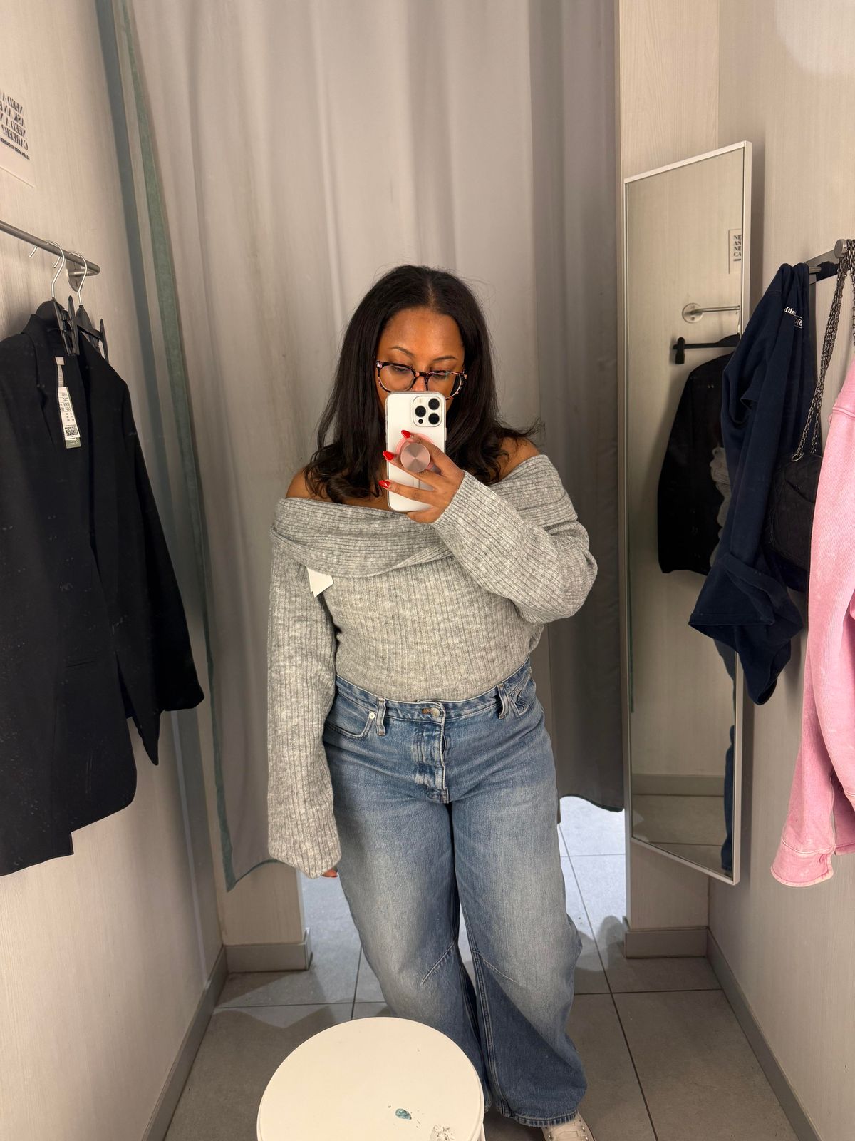 Off-the-Shoulder Sweater with Jeans for Relaxed Comfort — Outfits for Mom Bod