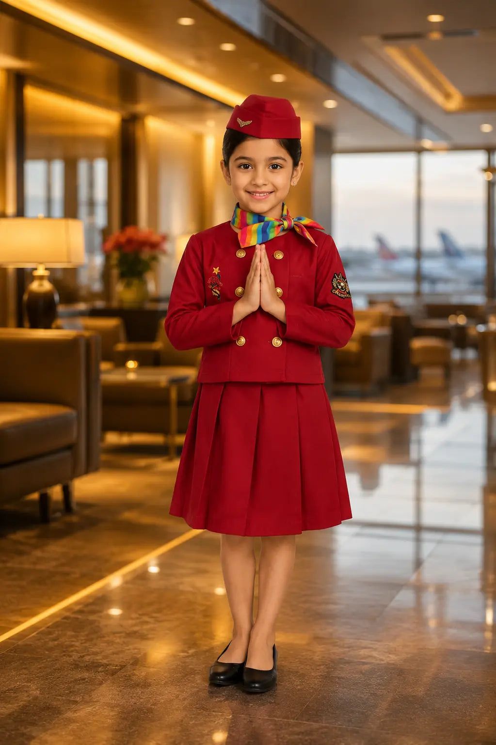 Red Hostess Uniform with Rainbow Scarf for Airport Theme Red Hostess Uniform with Rainbow Scarf for Airport Theme — Hostess Outfits