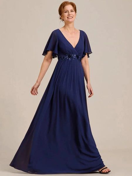 Navy Blue Chiffon Dress with Floral Waist Embellishment — Grandmother of the Bride Outfits