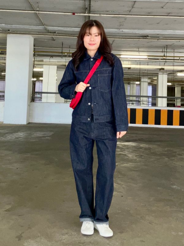 Denim Jacket and Pants with Red Bag for Casual City — Thailand Outfits