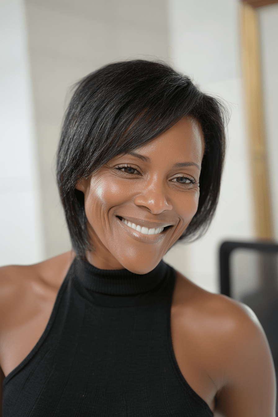 Sleek Collarbone Bob With Layers and Bangs — Haircuts for Black Women Over 60