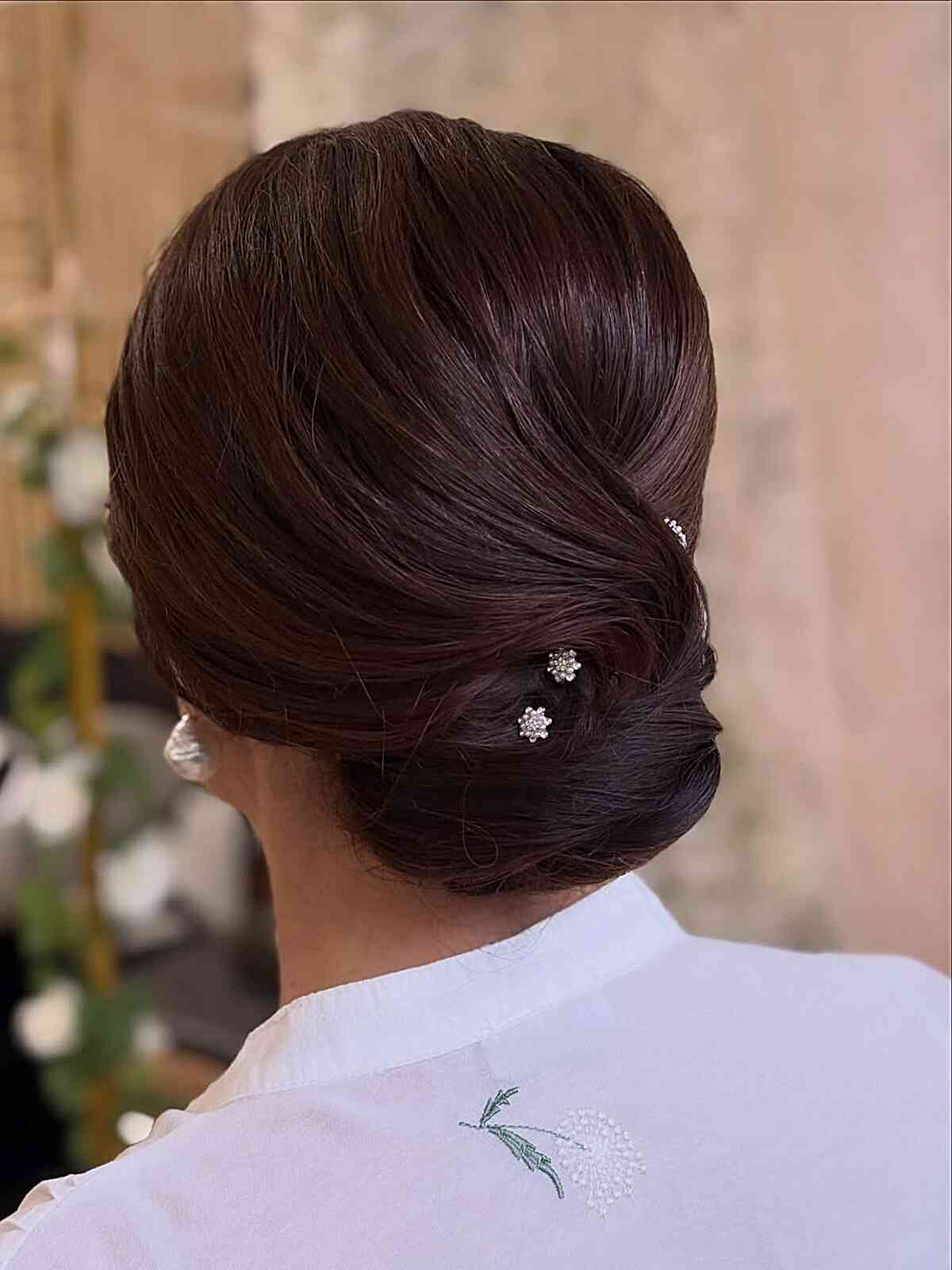 Sleek Dark Brown Collarbone Chignon Sleek Dark Brown Collarbone Chignon