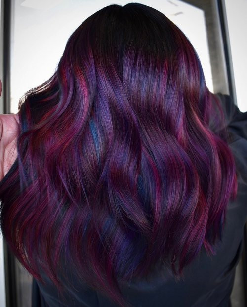Mid-Back Visual Idea Mid-Back Visual Idea — Purple Highlights on Black Hair