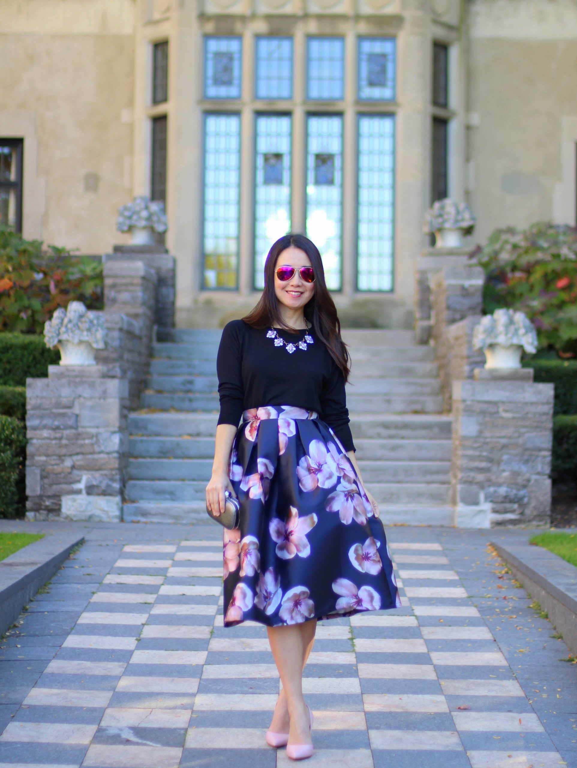Floral Print Satin Skirt with a Black Knit Top Floral Print Satin Skirt with a Black Knit Top — Shein Outfits