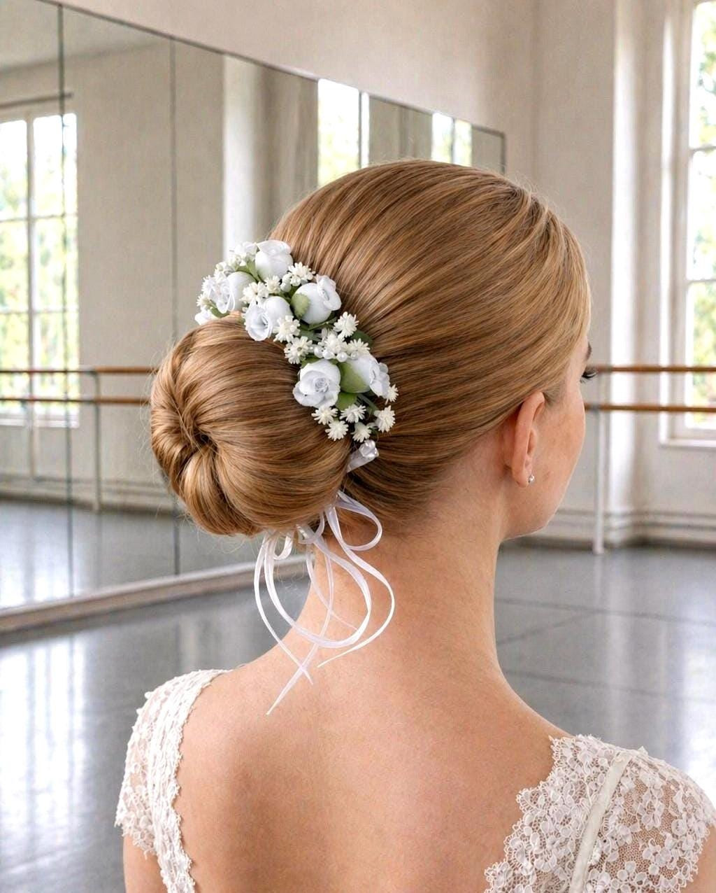 Light Blonde Low Bun with Florals Light Blonde Low Bun with Florals — Ballet Hairstyles