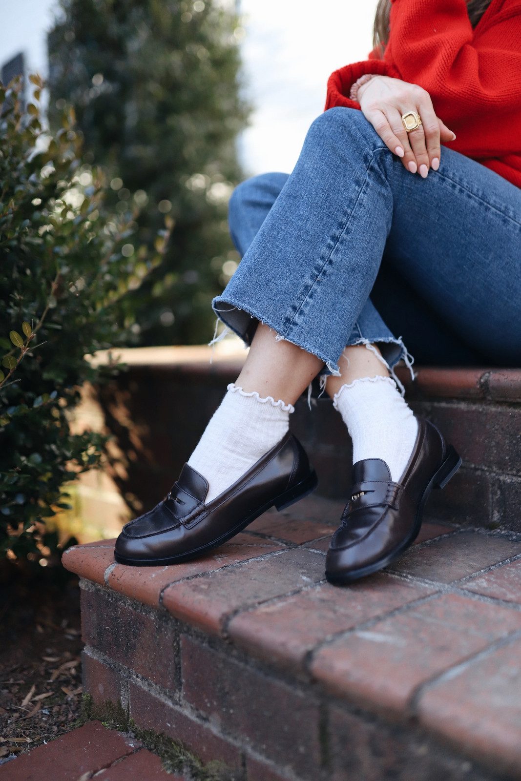 Casual Chic: Dark Brown Loafers with White Ruffled Socks and Cropped Jeans Casual Chic: Dark Brown Loafers with White Ruffled Socks and Cropped Jeans — Socks with Loafers Outfits