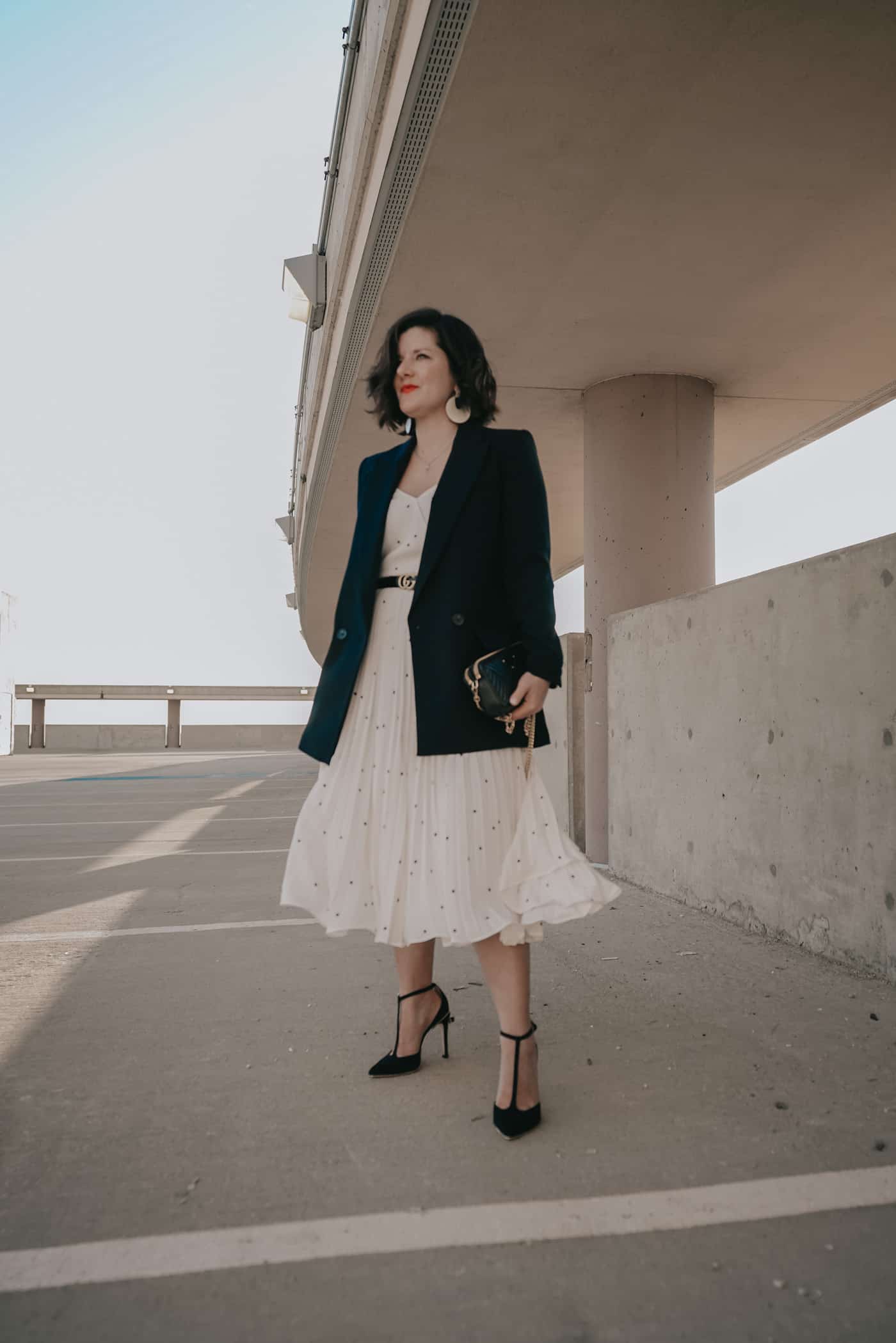 Elegant Navy Blazer with Polka Dot Dress — Blazer Outfits
