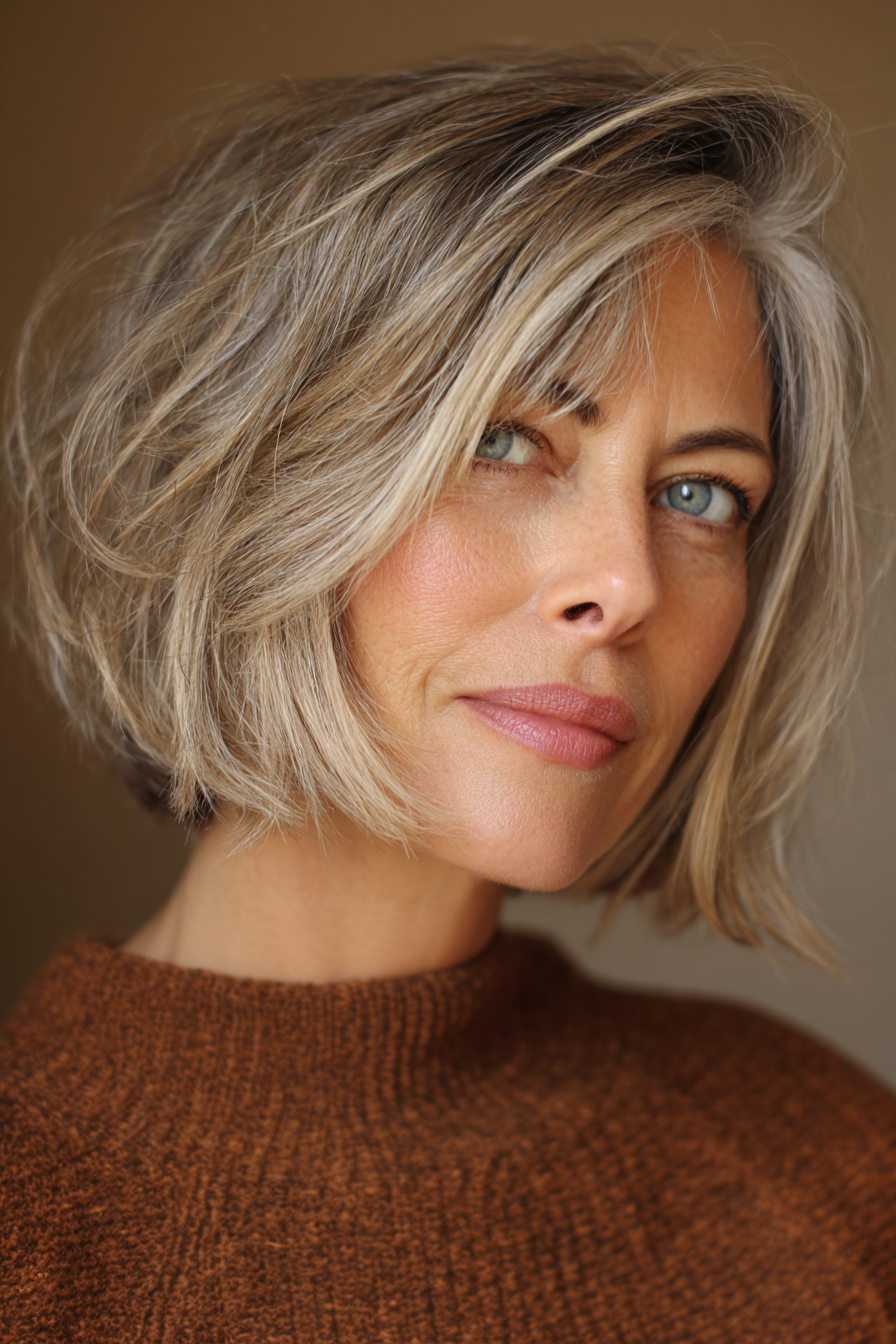 Cool Silver Blonde Bob with Side Bangs Cool Silver Blonde Bob with Side Bangs — Short Layered Hair