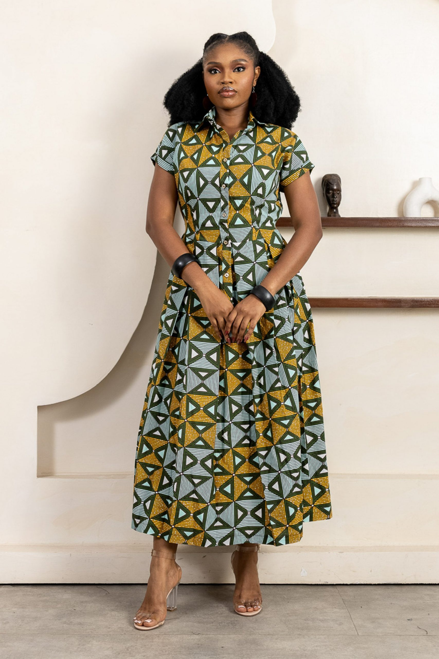 Smart Casual Button-Down Midi Dress with Belted Waist — African Print Dresses