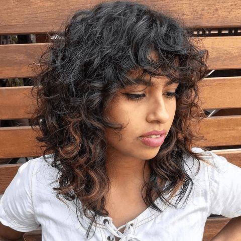 Curtain Bangs Dark Brown Shag With Auburn Highlights — Curly Shag