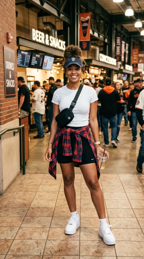 Plaid Shirt Tied Around Waist with Black Shorts — Baseball Game Outfits