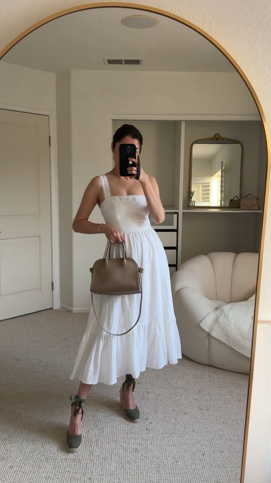 White Cotton Tiered Sundress with Pink Heeled Mules White Cotton Tiered Sundress with Pink Heeled Mules — Tea Length Dresses