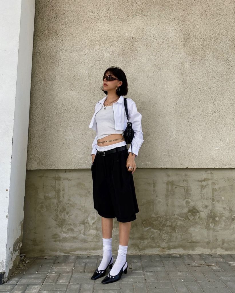 Modern Monochrome with Cropped White Shirt and Black Culottes — Black and White Outfits